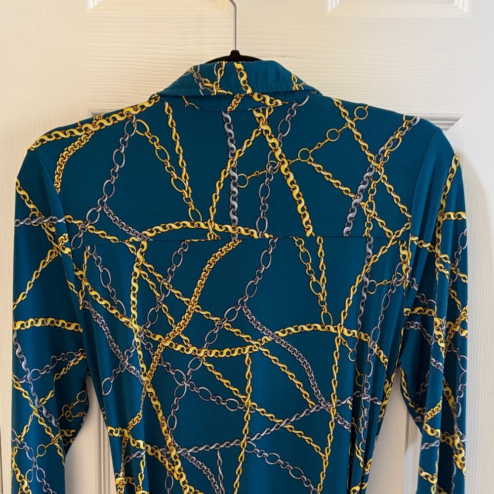 INC International Concepts Teal and Gold Chain Pattern Blouse - Picture 3 of 3